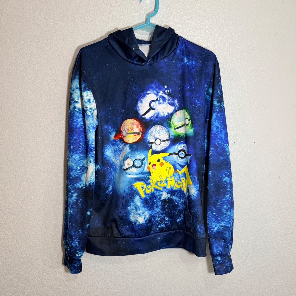 Pokemon Pikachu Galaxy Print Hoodie Large Blue Animecore Kidcore Poke Ball